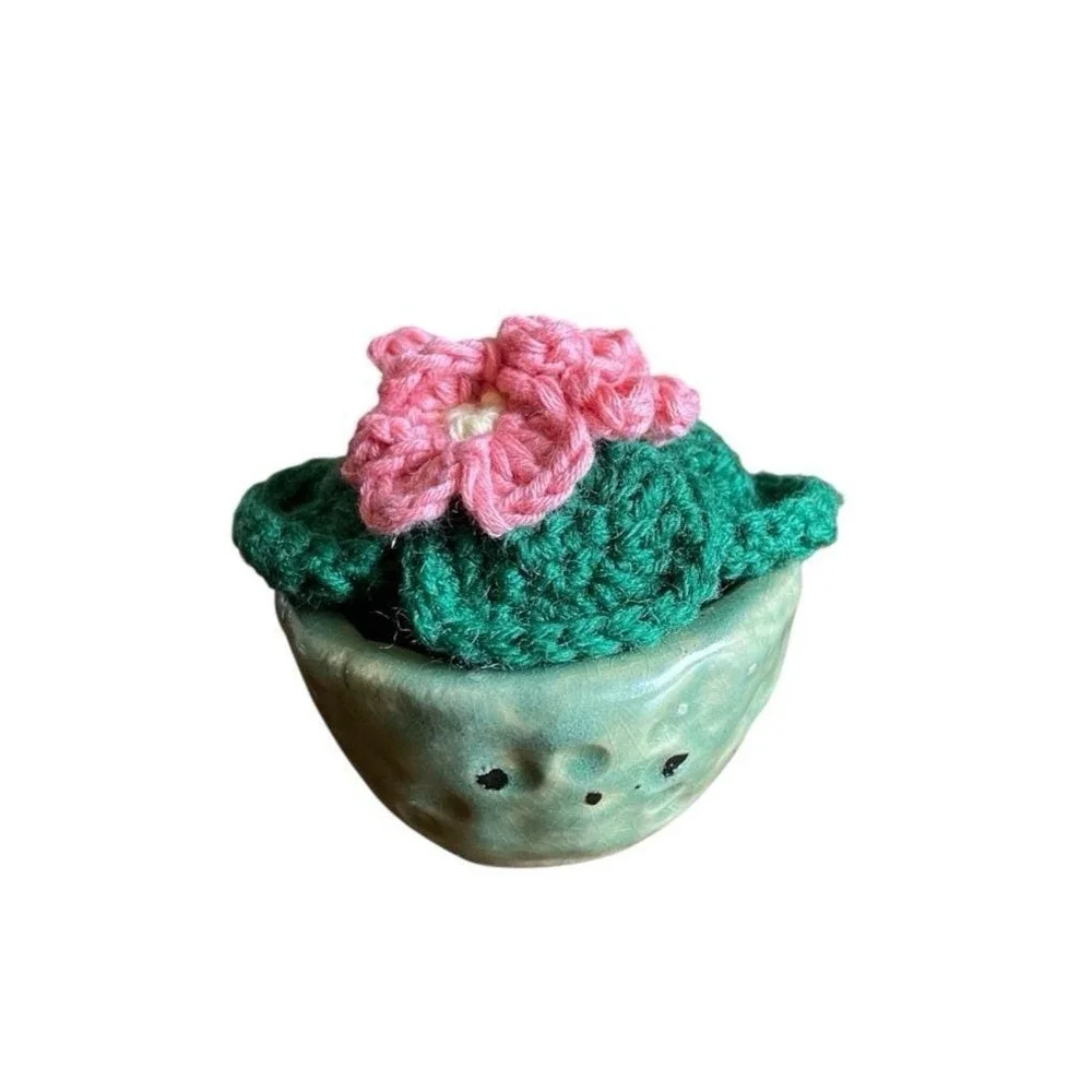 Crochet African Violet in Clay Vase Pink Flowers Handmade Crocheted Plant Decor